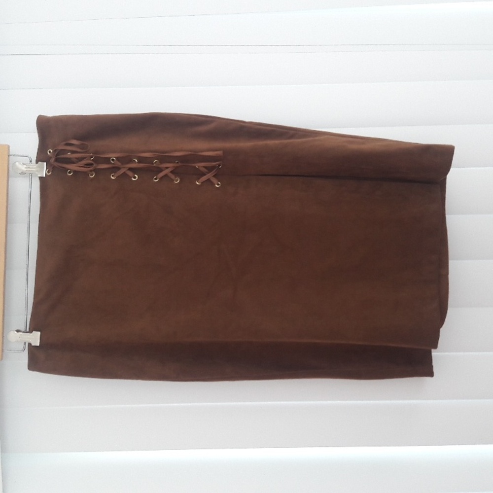 New York & Company Brown Suede Midi Skirt with Side Lace-Up